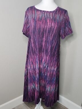 LuLaRoe Purple, Pink, Teal Striped Swing Dress Carly Medium